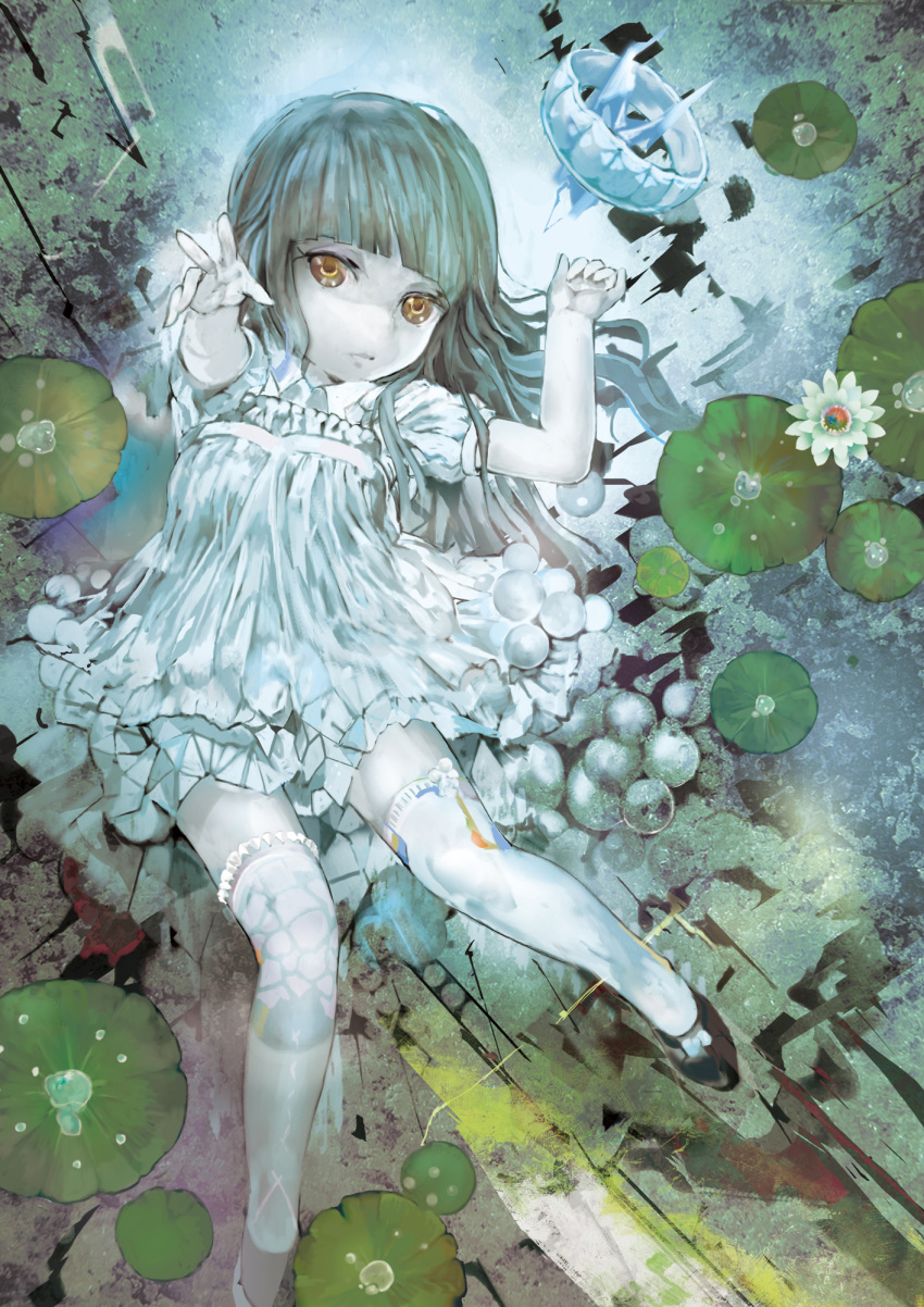 1girl amber_eyes arm_up child commentary_request dress frilled_dress frills highres hime_cut lily_pad lying muted_color on_back original pale_skin print_legwear puffy_sleeves reaching shoes short_sleeves solo sundress surreal thigh-highs uturo white_legwear