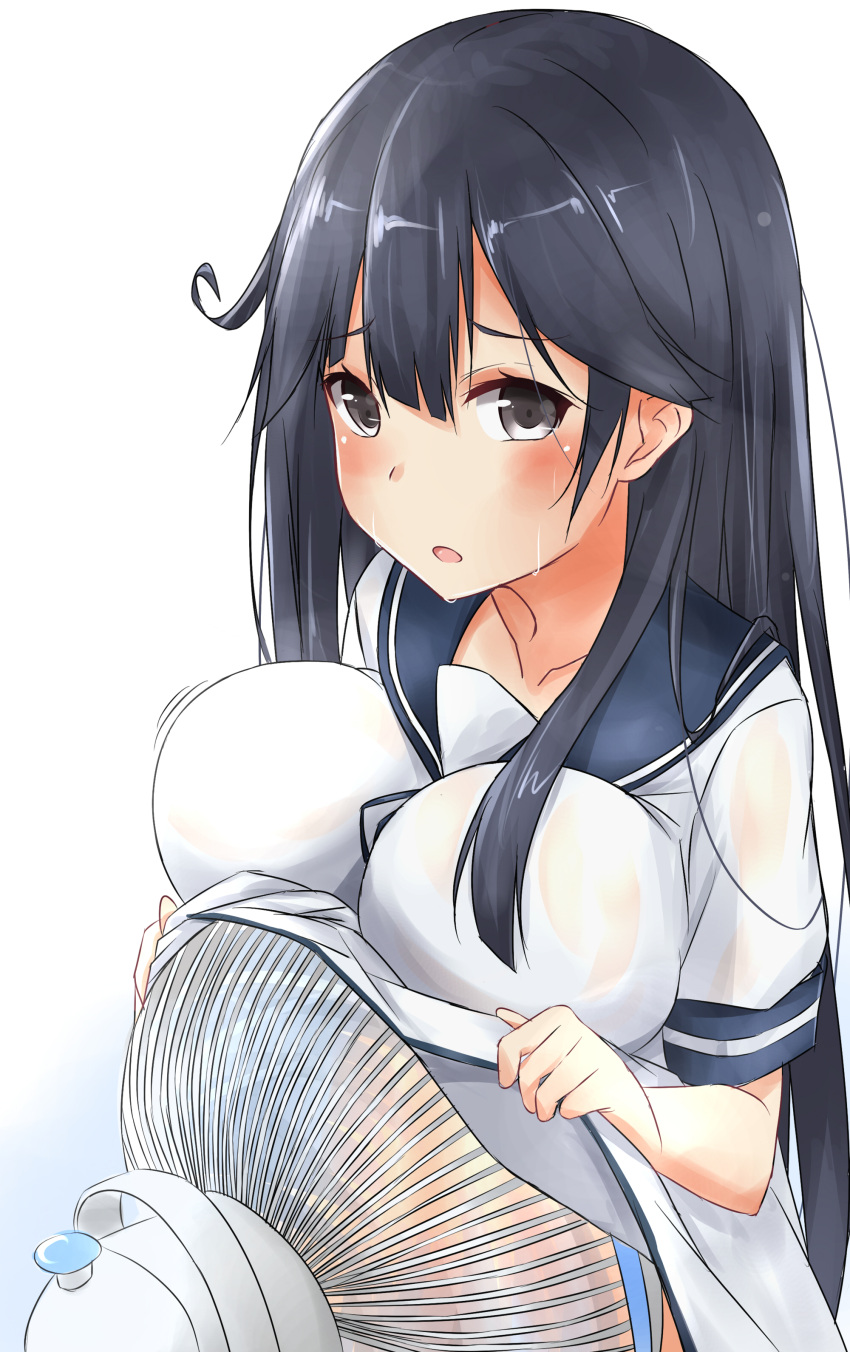 1girl absurdres ahoge black_hair blush breast_rest breasts electric_fan highres hot kantai_collection large_breasts long_hair looking_at_viewer open_mouth saku_(kudrove) school_uniform serafuku shirt_lift short_sleeves simple_background solo sweat sweating upper_body ushio_(kantai_collection) wet wet_clothes white_background