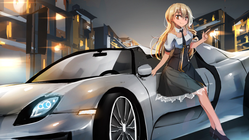 1girl adapted_costume alternate_costume backlighting black_shoes black_skirt blonde_hair bow braid breasts building city commentary_request finger_gun grey_background hair_bow highres kietai_na kirisame_marisa lamppost legs long_hair looking_down looking_to_the_side necktie night no_hat no_legwear pointing porsche puffy_short_sleeves puffy_sleeves see-through_silhouette shiny shiny_hair shirt shoes short_sleeves single_braid skirt smile solo thighs touhou vest white_shirt