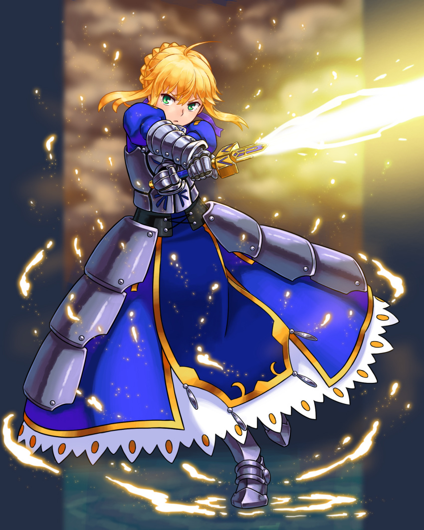 armor blonde_hair braid dress fate/stay_night fate_(series) glowing glowing_weapon green_eyes highres mushina_suzume saber sword weapon