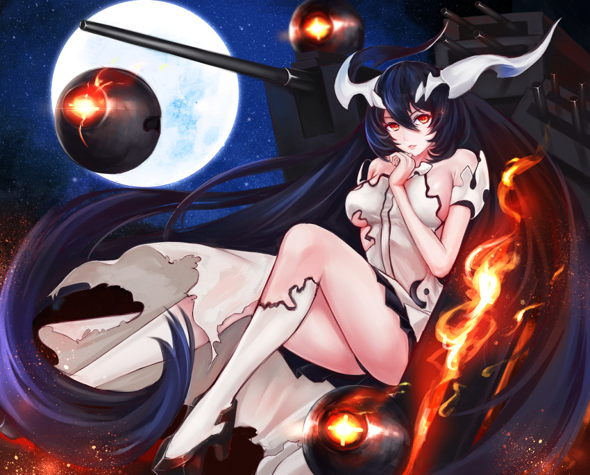 1girl anchorage_water_oni bare_shoulders black_hair breasts dress embers fire full_body full_moon gradient_hair high_heels highres horns kantai_collection long_hair looking_at_viewer moon multicolored_hair night night_sky orange_eyes parted_lips shinkaisei-kan sky solo star_(sky) starry_sky thigh-highs very_long_hair white_dress white_legwear ytoy