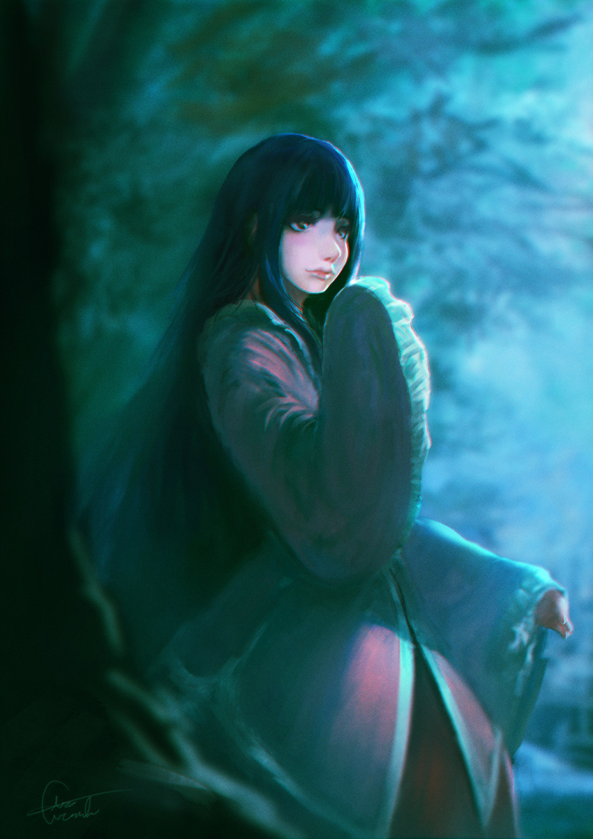 1girl artist_name backlighting bangs black_hair blurry brown_eyes depth_of_field ears eyelashes forest frilled_collar frilled_sleeves frills hand_up highres hime_cut houraisan_kaguya japanese_clothes kimono light_smile lips long_hair long_skirt long_sleeves looking_to_the_side looking_up matsura_ichirou moonlight nature night nose red_skirt signature skirt solo standing touhou very_long_hair wide_sleeves