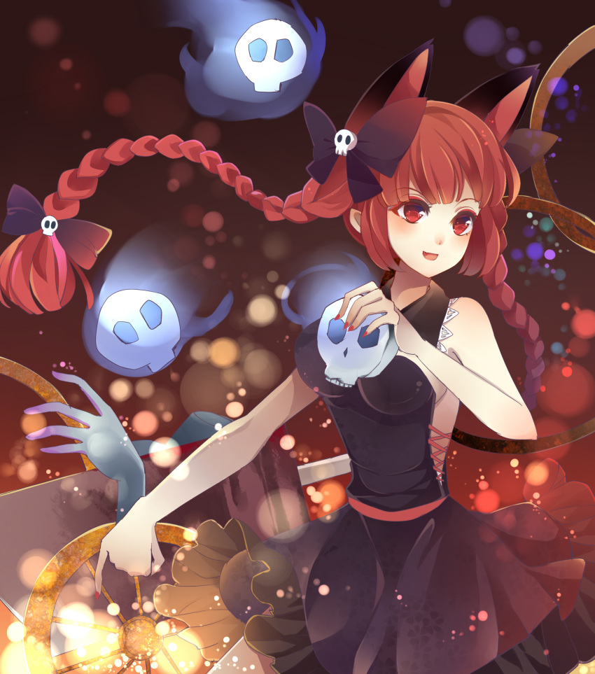 1girl absurdres alternate_costume animal_ears baocaizi bare_shoulders braid cart cat_ears cat_tail detached_collar dress extra_ears hair_ornament hair_ribbon hands highres kaenbyou_rin long_hair looking_away nail_polish open_mouth pointy_ears red_eyes redhead ribbon skull smile solo strapless_dress tail touhou twin_braids upper_body