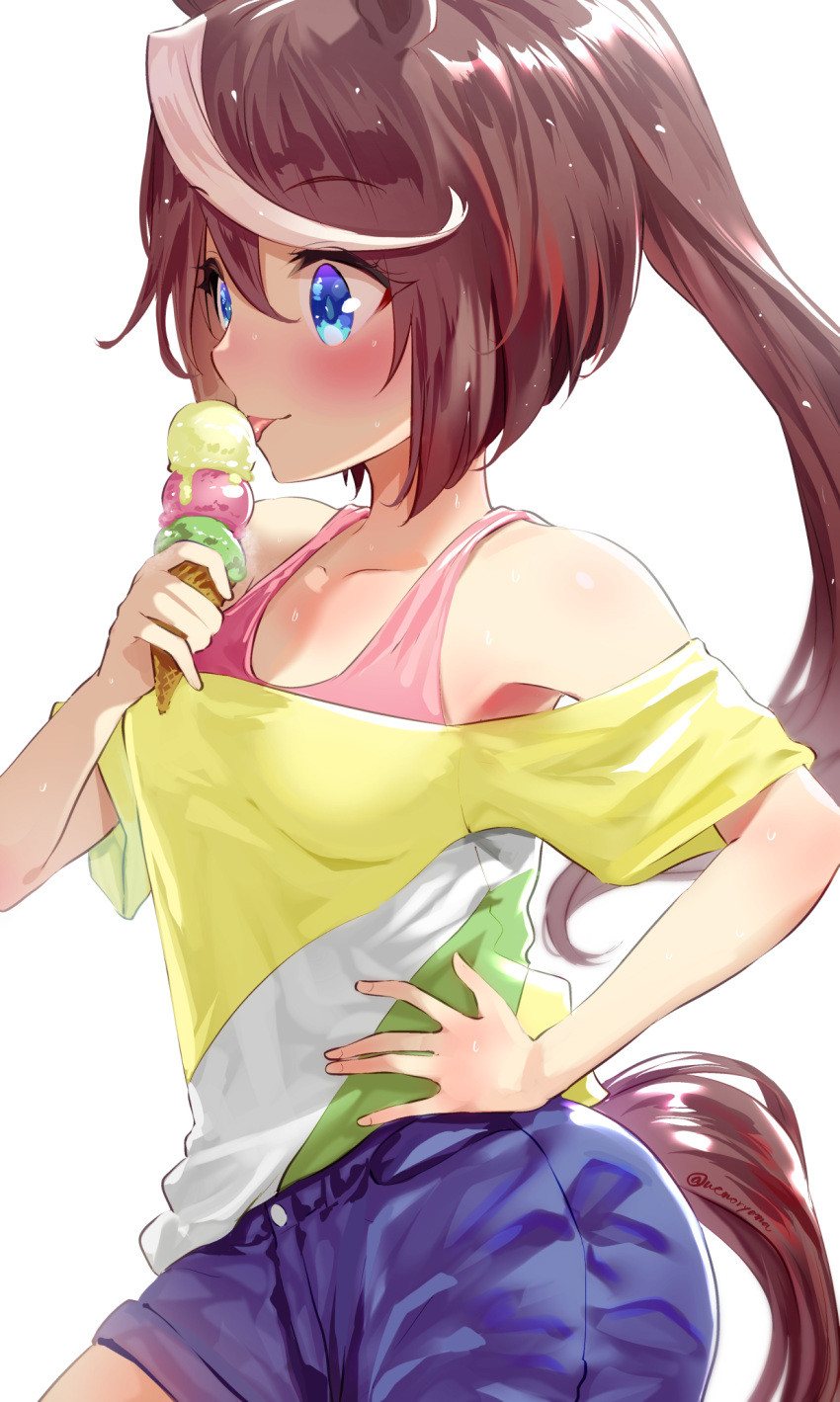 1girl :p bangs bare_shoulders blue_eyes blush brown_hair commentary_request cowboy_shot eyebrows_visible_through_hair food hair_between_eyes hand_on_hip hand_up highres holding holding_food ice_cream multicolored_hair off-shoulder_shirt off_shoulder ponytail shirt short_sleeves solo standing streaked_hair tail tokai_teio_(umamusume) tongue tongue_out uenoryoma umamusume white_hair yellow_shirt