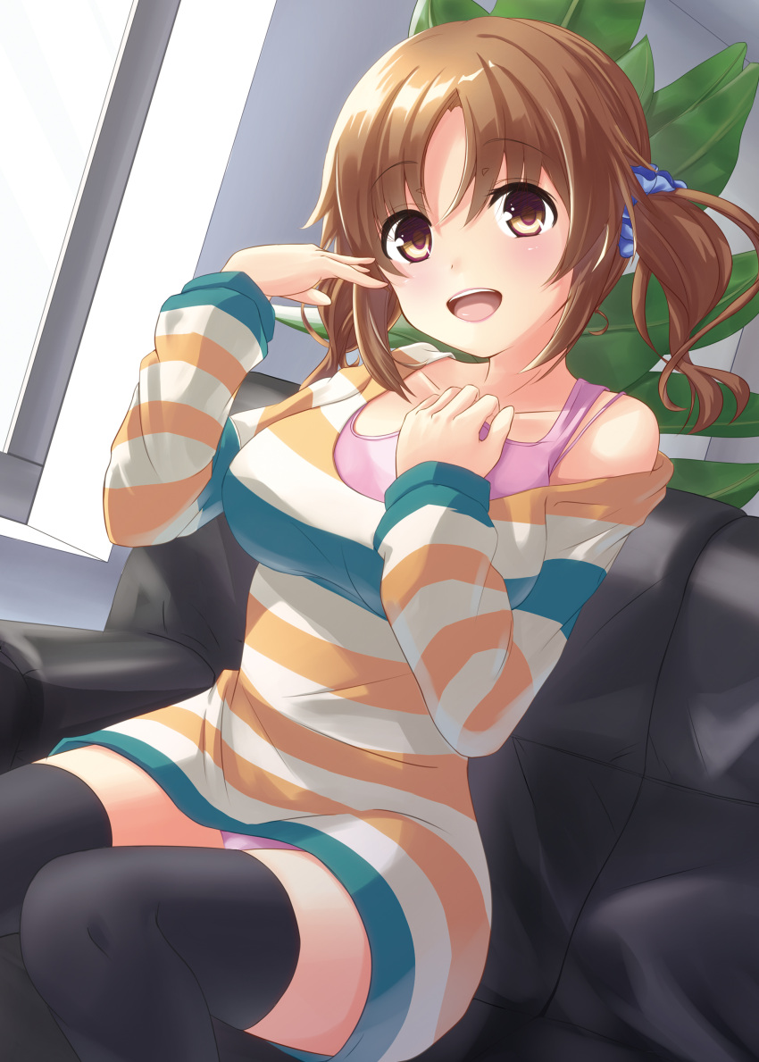1girl absurdres artist_request breasts brown_eyes brown_hair cleavage highres idolmaster idolmaster_cinderella_girls kapatarou open_mouth smile solo thigh-highs totoki_airi twintails
