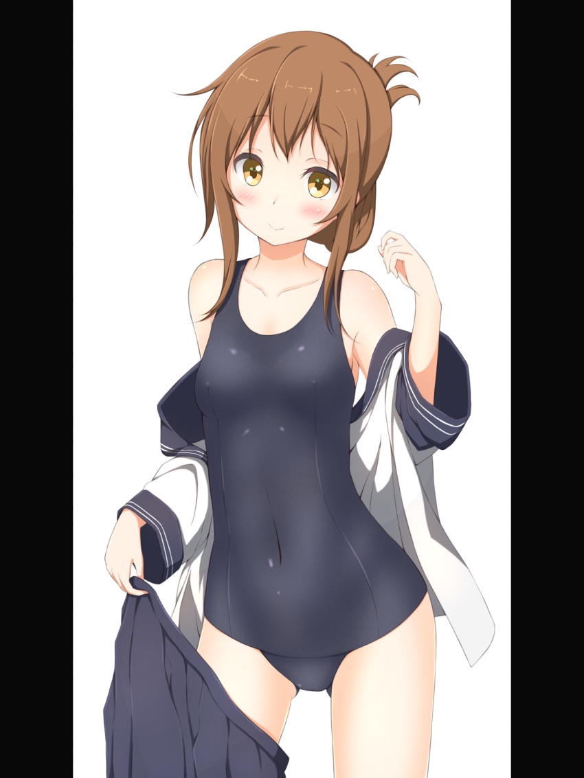 1girl brown_eyes brown_hair folded_ponytail highres inazuma_(kantai_collection) kantai_collection long_hair numpopo school_swimsuit school_uniform serafuku shirt skirt skirt_around_one_leg smile solo swimsuit swimsuit_under_clothes undressing