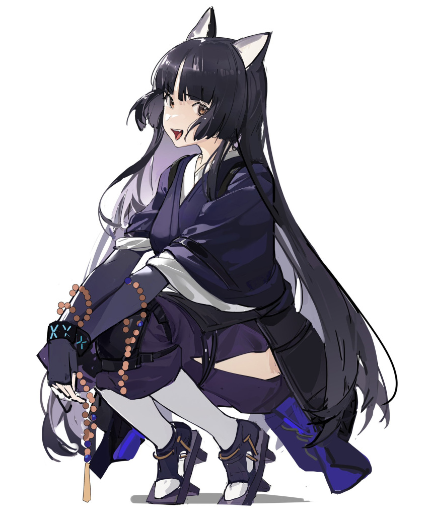 1girl :d animal_ears arknights armor bangs beads black_footwear black_gloves black_hair blunt_bangs bracelet brown_eyes dog_ears elbow_gloves eyebrows_visible_through_hair fingerless_gloves full_body geta gloves highres hip_vent infection_monitor_(arknights) japanese_armor japanese_clothes jewelry kimono kneehighs long_hair long_sleeves open_mouth own_hands_together pants prayer_beads purple_kimono purple_pants saga_(arknights) simple_background smile solo squatting tasuki very_long_hair white_background white_legwear yeyuanqianqianqian