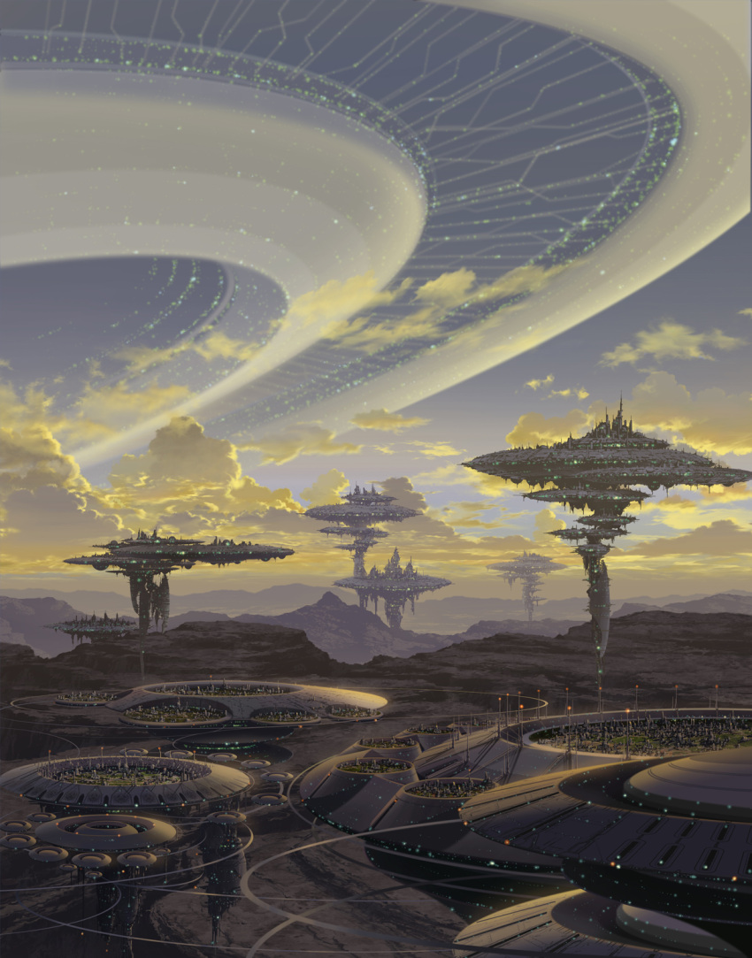 canyon city clouds highres landscape magewappa_z megastructure mountain no_humans original scenery science_fiction sky