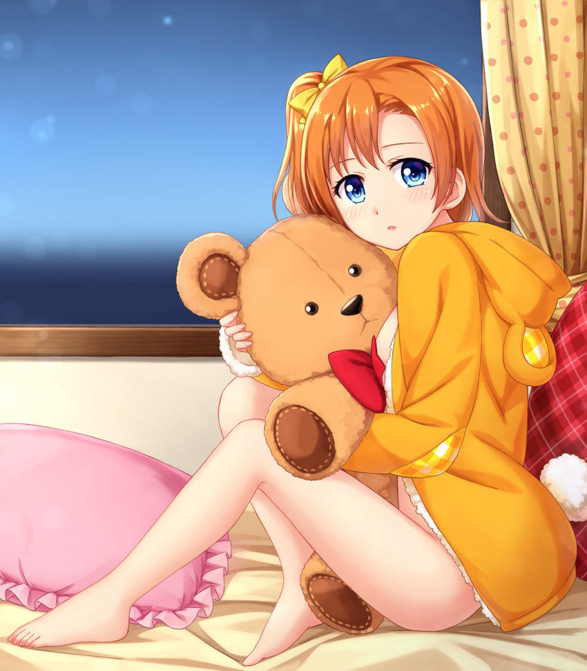 1girl blue_eyes bottomless curtains doll_hug hair_ribbon highres hoodie kousaka_honoka light_brown_hair looking_at_viewer love_live!_school_idol_project naked_hoodie one_side_up open_clothes open_hoodie pillow ribbon sitting solo stuffed_animal stuffed_toy teddy_bear tucana window