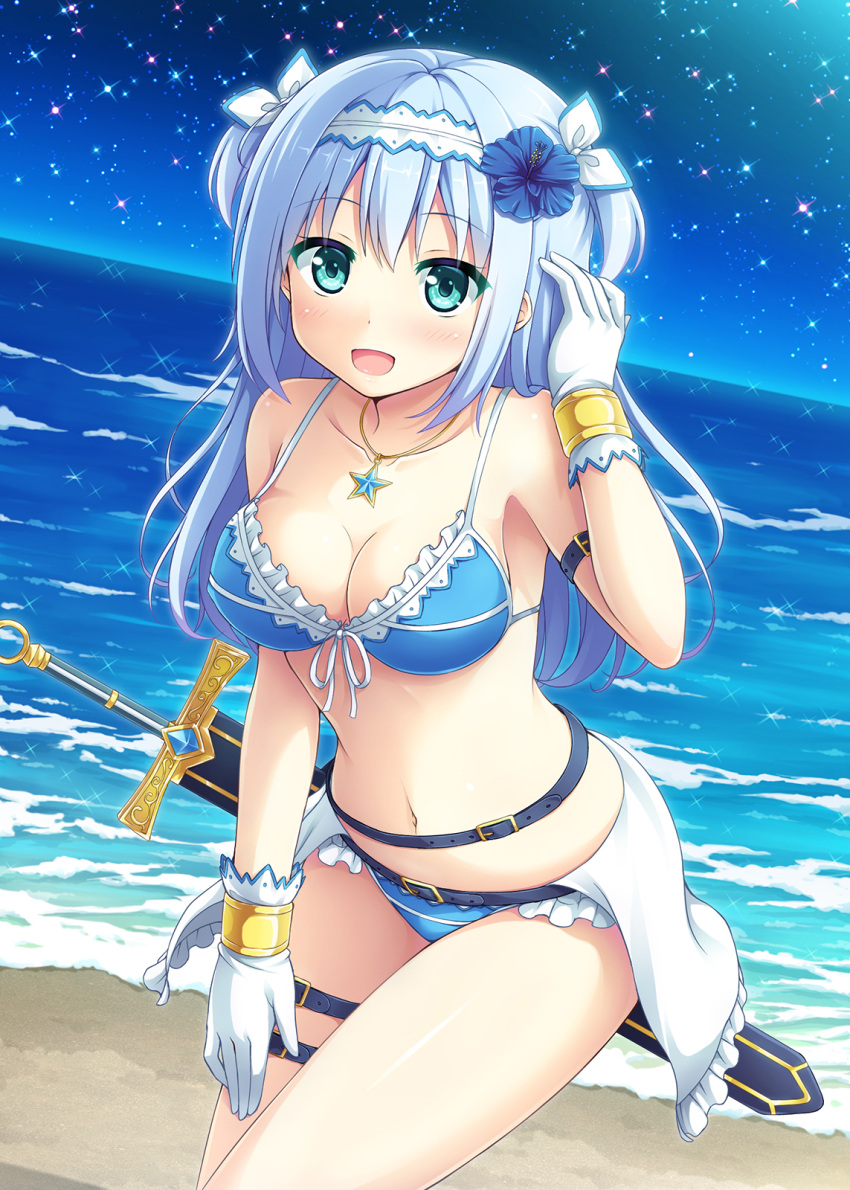 1girl bikini blue_eyes blue_hair gloves hairband highres long_hair nakamura_sumikage original swimsuit sword twintails two_side_up weapon