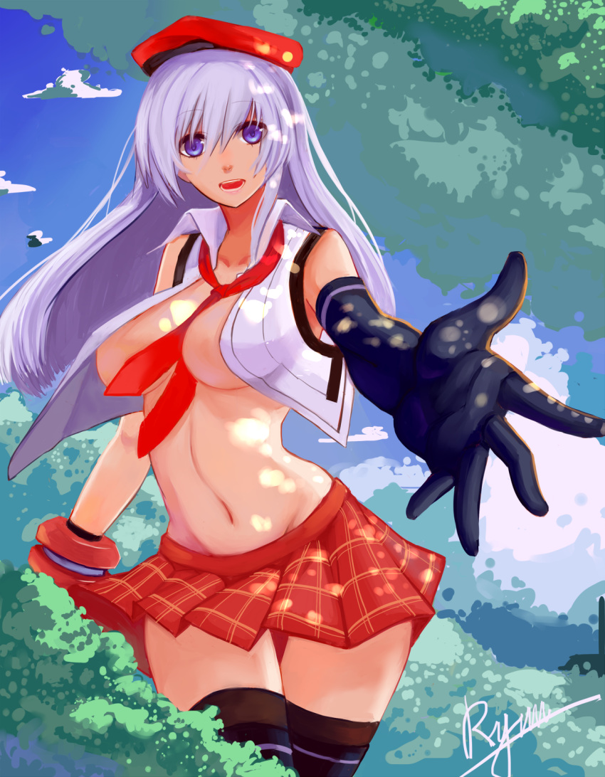 1girl alisa_ilinichina_amiella bangs beret between_breasts black_gloves black_legwear blue_eyes blue_sky breasts cleavage clouds crop_top dappled_sunlight foreshortening gloves god_eater god_eater_2:_rage_burst hair_over_eyes hat highres lavender_hair long_hair looking_at_viewer midriff necktie necktie_between_breasts no_bra open_clothes open_mouth open_shirt outdoors outstretched_hand plaid plaid_skirt pleated_skirt reaching_out red_necktie red_skirt ryuuno6 shirt signature skirt sky sleeveless solo swept_bangs thigh-highs under_boob zettai_ryouiki
