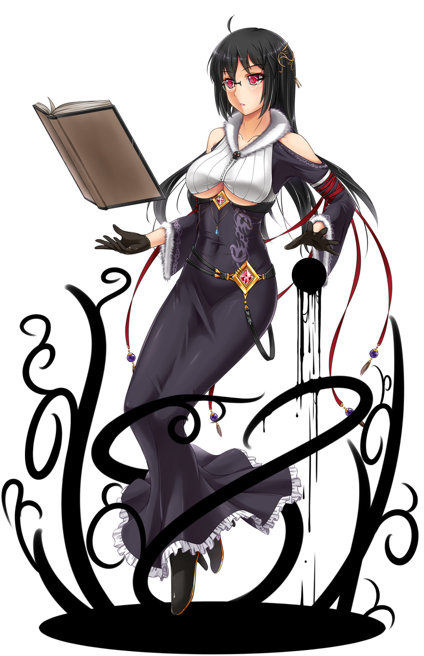 1girl ahoge black_gloves black_hair blush book breasts collarbone dress floating fur_trim gem glasses gloves hair_ornament high_heels highres large_breasts long_hair midnight_(artist) original red_eyes rimless_glasses simple_background solo under_boob white_background witch