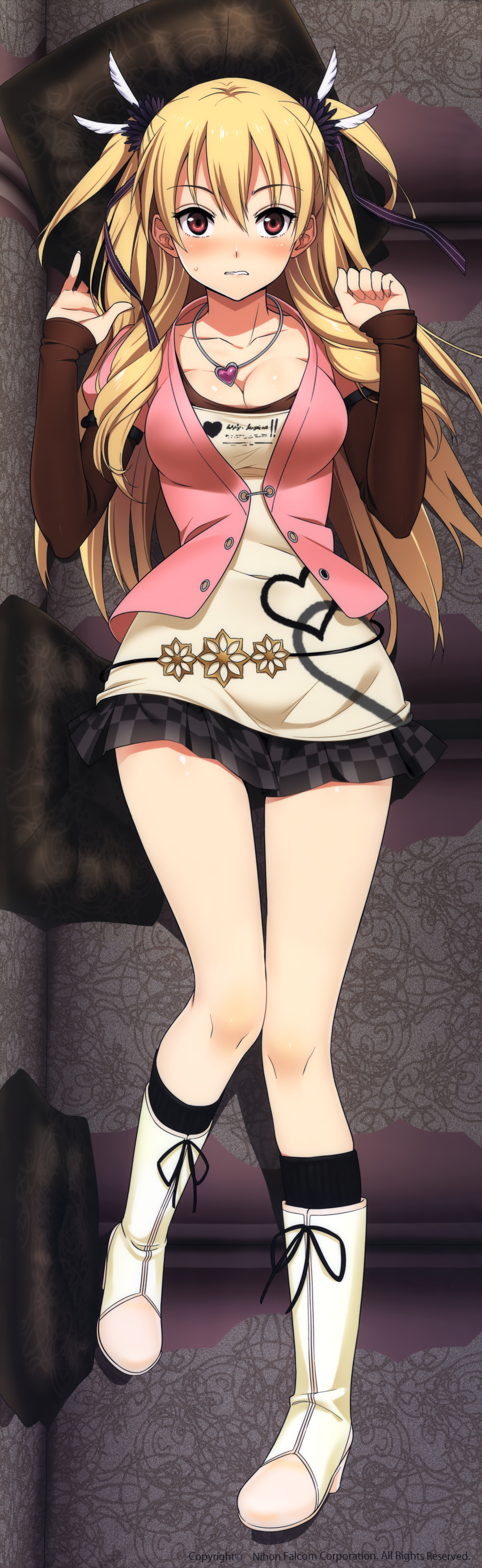 1girl absurdres alisa_reinford arm_warmers blazer blonde_hair blush breasts cleavage couch eiyuu_densetsu full-face_blush highres huge_filesize jewelry legs lying necklace pillow red_eyes sen_no_kiseki skirt tagme two_side_up