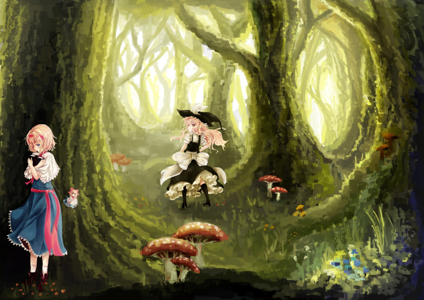 2girls alice_margatroid ankle_boots aumcry black_legwear blonde_hair blue_dress blue_eyes blurry book book_hug boots capelet depth_of_field dress forest forest_of_magic frills frown hairband hat hat_ribbon highres holding holding_book kirisame_marisa kneehighs long_hair looking_back looking_down moss multiple_girls mushroom nature puffy_short_sleeves puffy_sleeves puppet_strings ribbon sash shanghai_doll short_hair short_sleeves skirt skirt_set sunlight touhou wind witch_hat yellow_eyes
