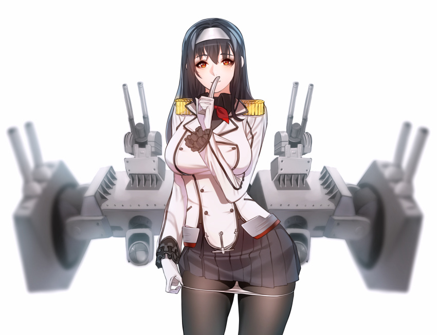 1girl anchor bangs black_hair black_legwear black_shirt black_skirt blurry breasts buttons cannon collared_shirt cowboy_shot depth_of_field double-breasted epaulettes finger_to_mouth frilled_sleeves frills hairband highres index_finger_raised jacket kantai_collection kashima_(kantai_collection) kashima_(kantai_collection)_(cosplay) kasumigaoka_utaha large_breasts long_hair long_sleeves looking_at_viewer machinery miniskirt panties panties_over_pantyhose panty_pull pantyhose pleated_skirt pulled_by_self red_eyes saenai_heroine_no_sodatekata shirt shushing simple_background skirt solo tachibana-san turret underwear white_background white_panties