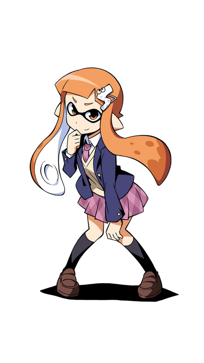 1girl anbe_masahiro brown_eyes brown_hair commentary hair_ornament hairclip hand_on_knee highres inkling kneehighs loafers necktie pointy_ears school_uniform shoes simple_background skirt smile splatoon tentacle_hair white_background