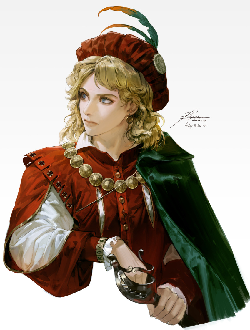 1girl absurdres blonde_hair blue_eyes buttons closed_mouth clothing_request earrings expressionless frilled_sleeves frills hand_on_hilt highres holding holding_sheath holding_sword holding_weapon jewelry long_sleeves looking_to_the_side medium_hair necklace original rapier renaissance_clothes scabbard sheath shirt simple_background solo sword upper_body vlfdus_0 wavy_hair weapon white_background white_shirt