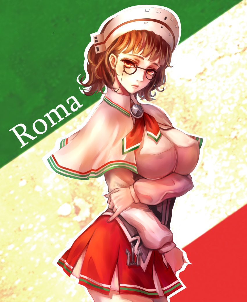 1girl anchor bangs blunt_bangs breasts brown_eyes brown_hair capelet character_name detached_sleeves garter_straps glasses headdress highres inflatable_raft italian_flag kantai_collection lips ringovalent roma_(kantai_collection) shirt short_hair skirt sleeveless sleeveless_shirt solo wavy_hair