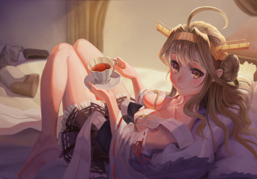 1girl breasts cleavage cup ecens ecien feet highres kantai_collection kongou_(kantai_collection) no_bra saucer see-through solo teacup