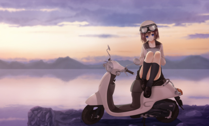 1girl blurry brown_hair clouds depth_of_field goggles_on_hat helmet motorized_scooter original outdoors pleated_skirt reflection school_uniform serafuku shitou_(4h) shoes short_hair sitting skirt sky socks solo violet_eyes water