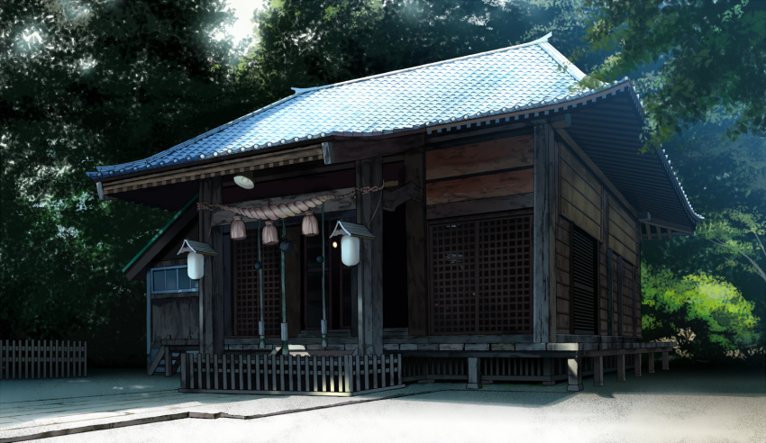 architecture branch building day east_asian_architecture highres mogumo no_humans original plant rope scenery shadow shimenawa shrine tree