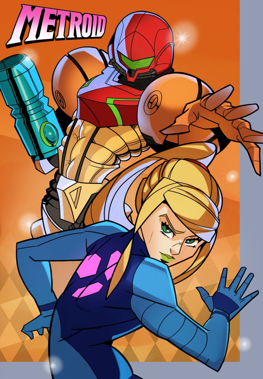 arm_cannon blonde_hair border copyright_name dual_persona green_eyes green_lipstick highres jojo_no_kimyou_na_bouken lipstick makeup metroid outside_border parody ponytail power_armor reaching samus_aran splashbrush style_parody weapon zero_suit