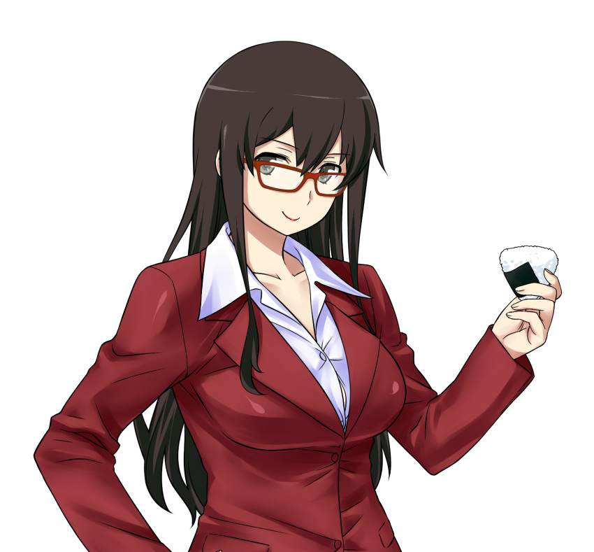 1girl akagi_(kantai_collection) alternate_costume bespectacled black_eyes breasts brown_hair food formal glasses highres kantai_collection large_breasts long_hair looking_at_viewer office_lady onigiri red-framed_glasses shoumaru_(gadget_box) simple_background solo standing upper_body white_background