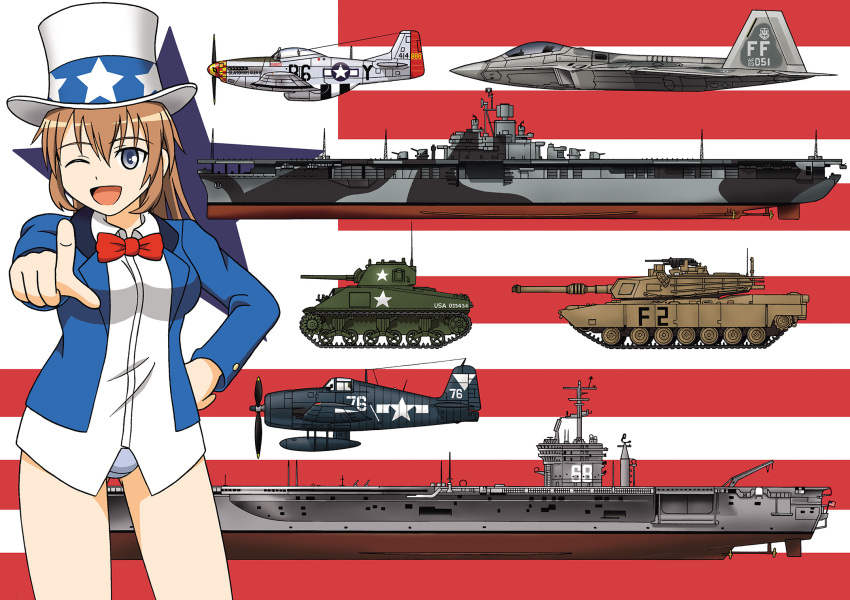 1girl aircraft_carrier charlotte_e_yeager f-22 flag_background highres keygift m1_abrams m4_sherman military military_vehicle p-51_mustang ship strike_witches tagme tank vehicle warship
