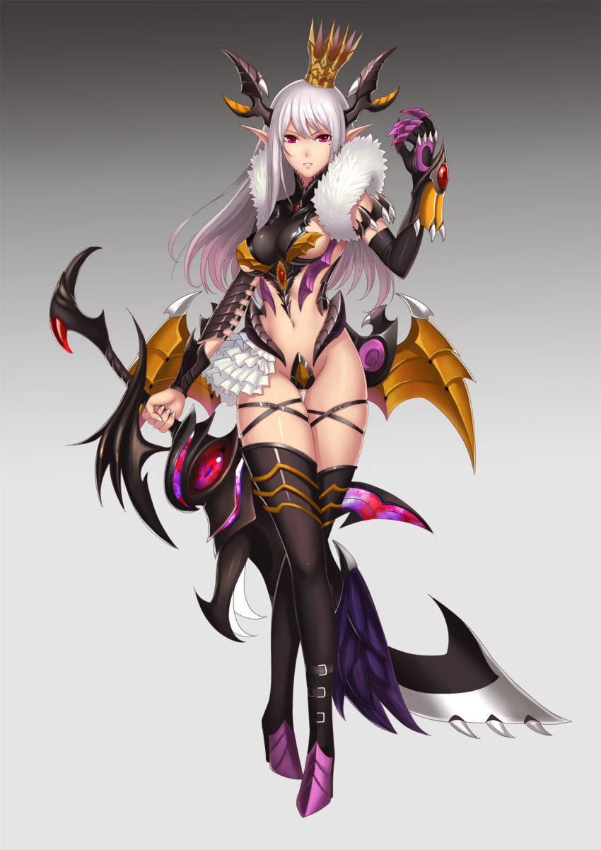 1girl breasts fantasy gradient gradient_background gradient_hair highres large_breasts long_hair mole mole_under_eye multicolored_hair mxj navel original red_eyes sideboob silver_hair solo sword thigh-highs thigh_gap thigh_strap weapon