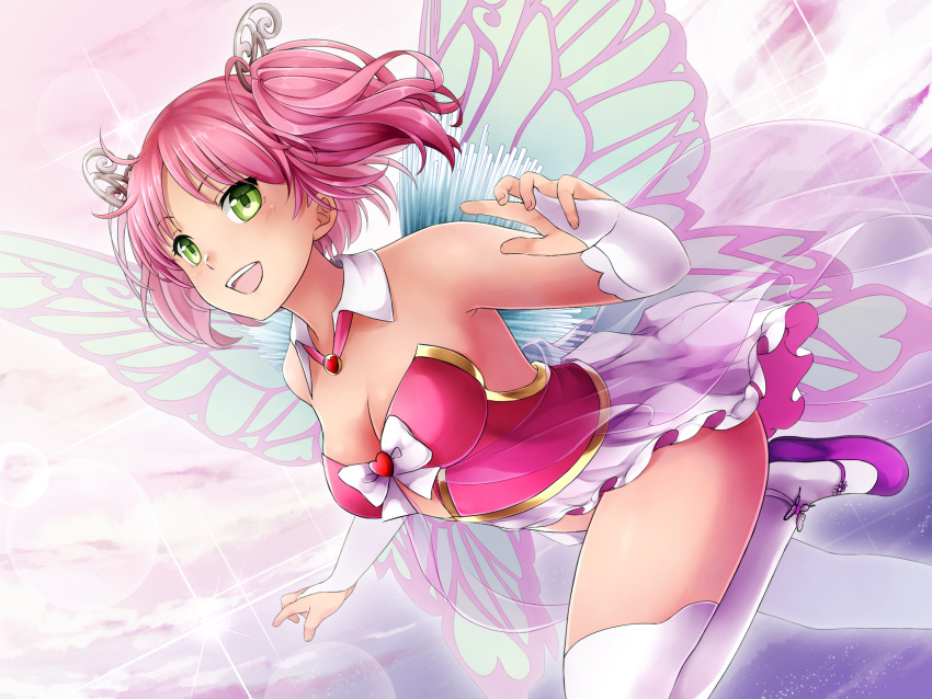 1girl :d bare_shoulders breasts bridal_gauntlets butterfly_ornament cleavage detached_collar dutch_angle fairy fairy_wings flying game_cg green_eyes hair_ornament highres hunie_pop kyu_sugardust ninamo open_mouth pink_hair purple_shoes shoes short_twintails showgirl_skirt sky smile solo thigh-highs twintails watermark white_legwear wings