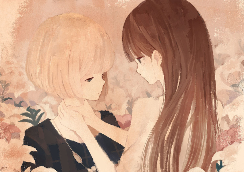 2girls blonde_hair brown_hair flower hands_on_another's_neck jitome looking_at_another looking_at_viewer mitsuki_mouse multiple_girls original sepia tagme upper_body yuri