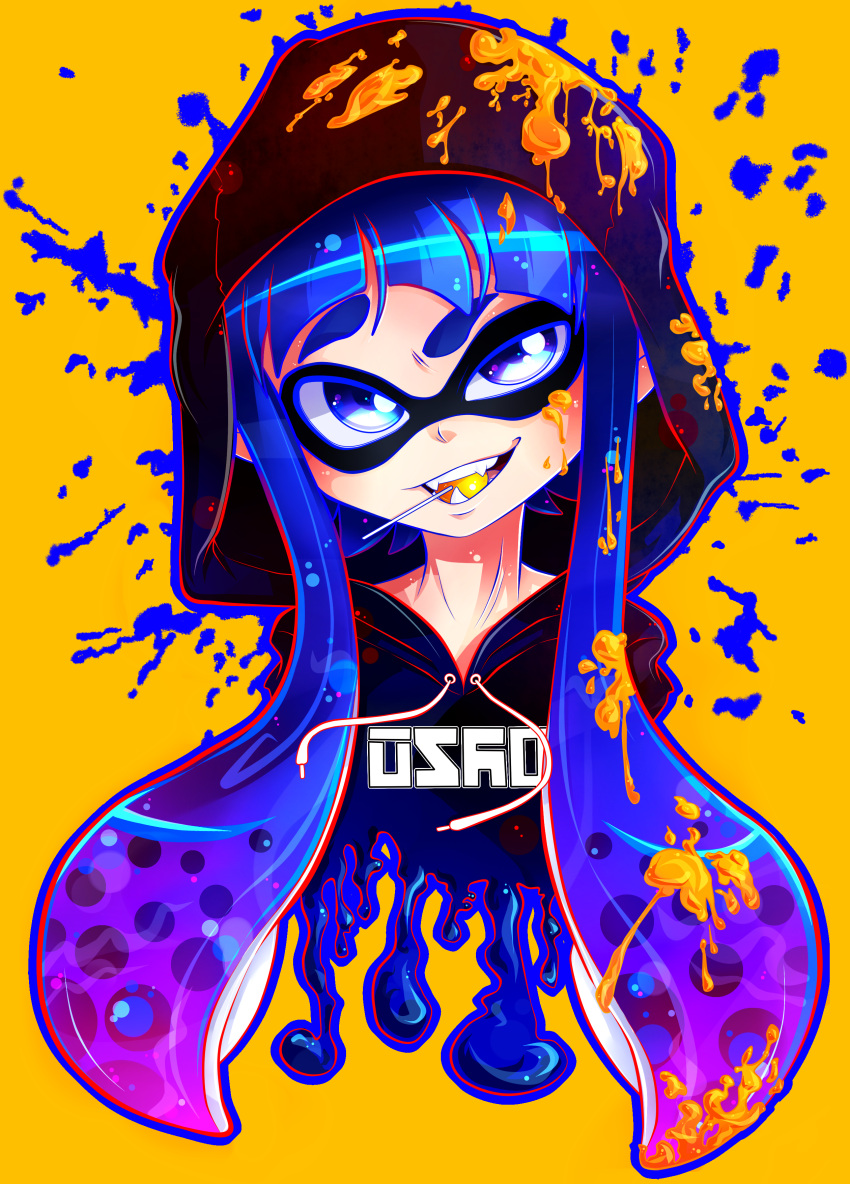 1girl absurdres blue_eyes blue_hair candy domino_mask eyebrows fang highres hoodie inkling invidiata lollipop monochrome_background mouth_hold paint raised_eyebrow simple_background smirk splatoon tentacle_hair