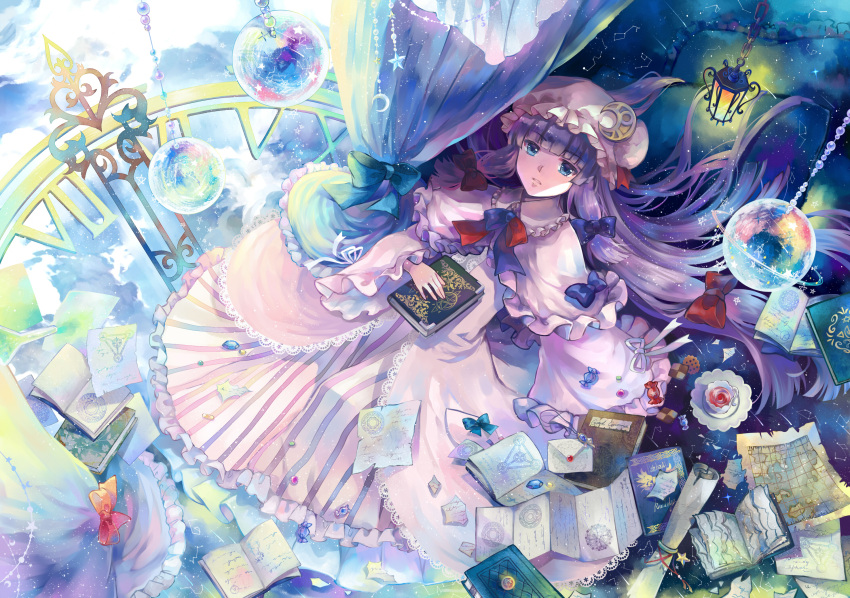 1girl blue_eyes blue_sky book bow candy capelet clouds crescent cup curtains dish dress ekira_nieto frills hair_bow hair_ornament hat hat_bow highres jewelry light_particles long_hair long_sleeves looking_at_viewer lying map mob_cap on_back open_book paper parted_lips patchouli_knowledge purple_hair roman_numerals sky solo star striped striped_dress sweets teacup touhou vest wide_sleeves