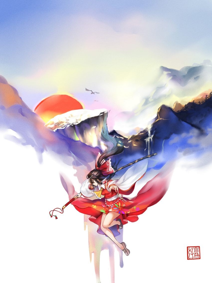 1girl ascot bare_legs bird black_hair bow detached_sleeves from_side hair_bow hair_tubes hakurei_reimu highres kamisa katana loafers long_hair mountain outstretched_arm payot red_eyes sheath sheathed shoes sky solo sun sword touhou very_long_hair weapon