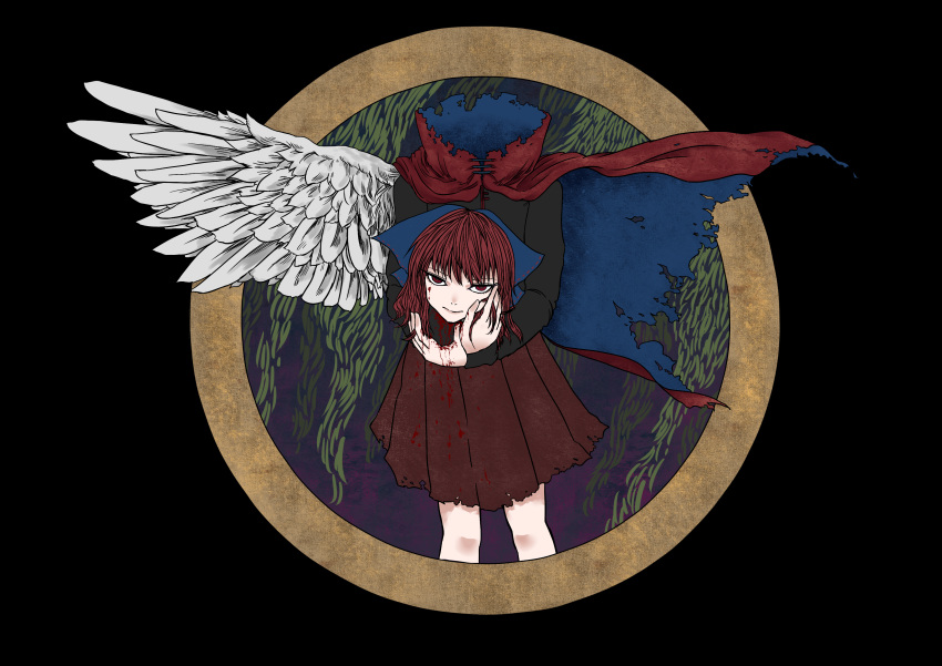 1girl absurdres angel_wings black_background black_shirt blood blood_drip bow cape disembodied_head expressionless hair_bow headless highres holding_head knees long_sleeves looking_at_viewer night pleated_skirt red_eyes red_skirt redhead sekibanki shirt single_wing skirt solo toluda touhou willow wings