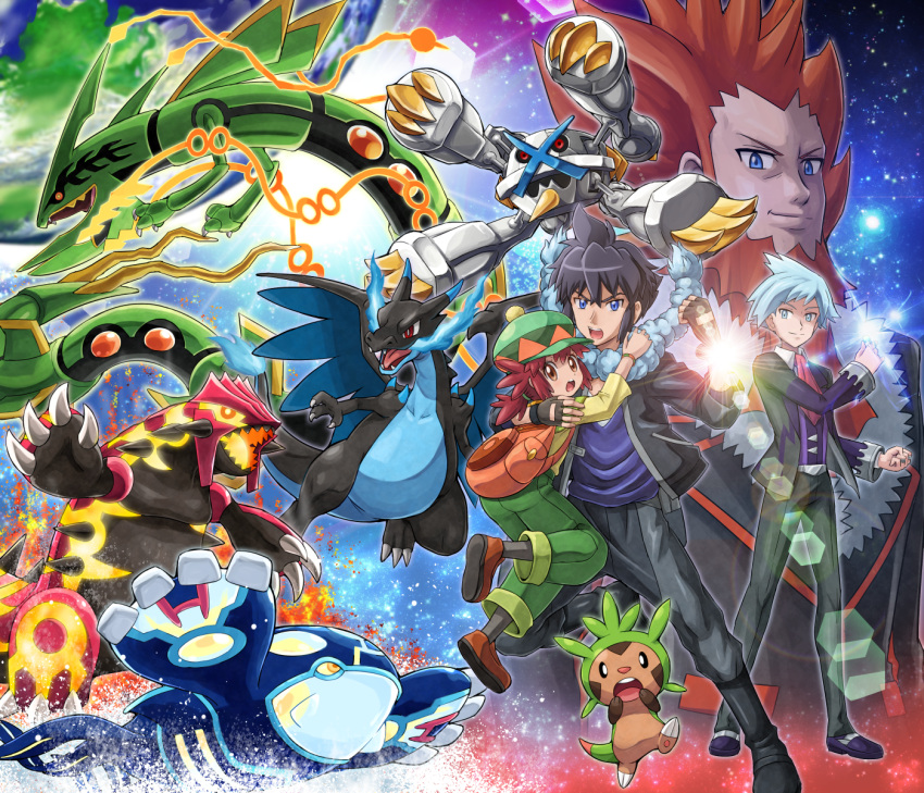 1girl 3boys alain_(pokemon) alternate_color backpack bag black_hair blue_eyes blue_fire charizard chespin clenched_hand clenched_hands commentary_request earth fire fleur-de-lis_(pokemon) glowing grey_hair groudon hat highres hug kyogre manon_(pokemon) mega_charizard_x mega_metagross mega_pokemon mega_rayquaza metagross multiple_boys pokemoa pokemon pokemon_(anime) pokemon_(creature) pokemon_(game) pokemon_oras primal_groudon primal_kyogre rayquaza shiny_pokemon space star_(sky) tsuwabuki_daigo water