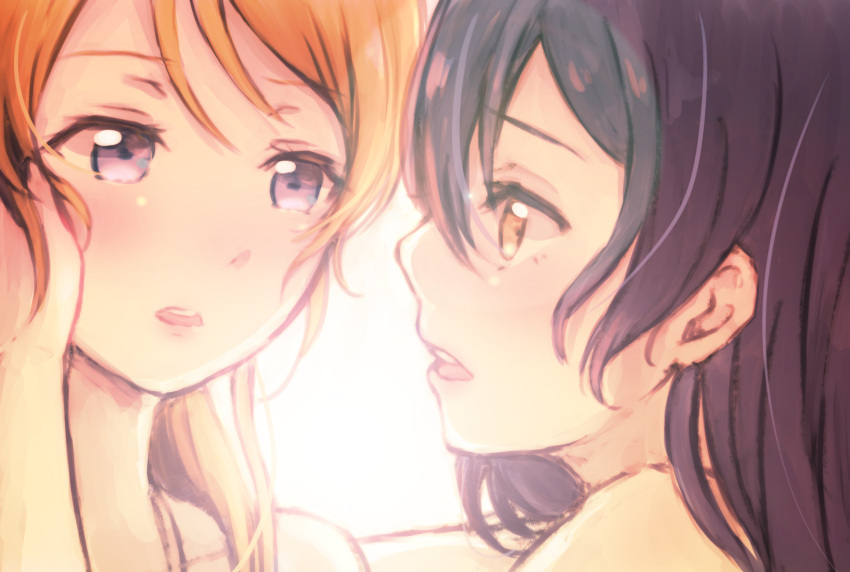 2girls ayase_eli black_hair blonde_hair blue_eyes eye_contact highres lilylion26 long_hair looking_at_another love_live!_school_idol_project multiple_girls open_mouth parted_lips sonoda_umi yellow_eyes
