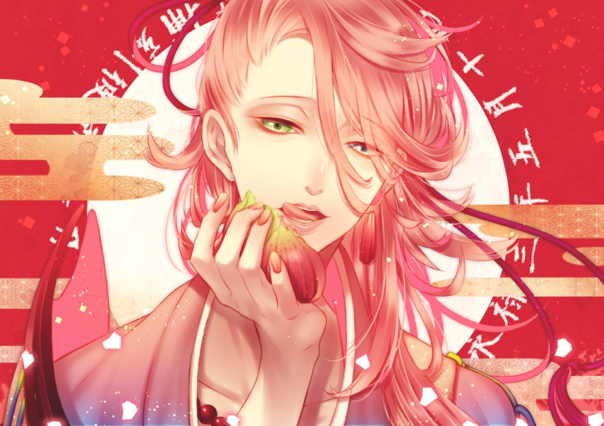 1boy asa_no_ha_(pattern) blue_eyes egasumi face green_eyes heterochromia japanese_clothes licking_lips lips long_hair looking_at_viewer male_focus nipponia_nippon open_mouth pink_hair red_background solo souza_samonji tongue tongue_out touken_ranbu upper_body
