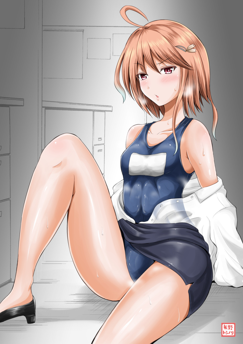 1girl ahoge bare_shoulders blush dress_shirt hair_ornament hairclip heavy_breathing highres i-58_(kantai_collection) kantai_collection looking_at_viewer off_shoulder open_mouth orange_hair red_eyes school_swimsuit shirt short_hair sitting skirt solo sweat swimsuit yano_toshinori