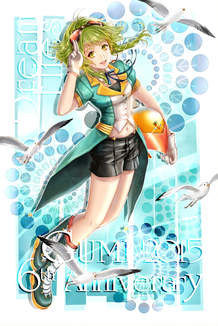 1girl absurdres goggles goggles_on_head green_eyes green_hair gumi highres monkeyyan open_mouth short_hair skirt smile solo vocaloid
