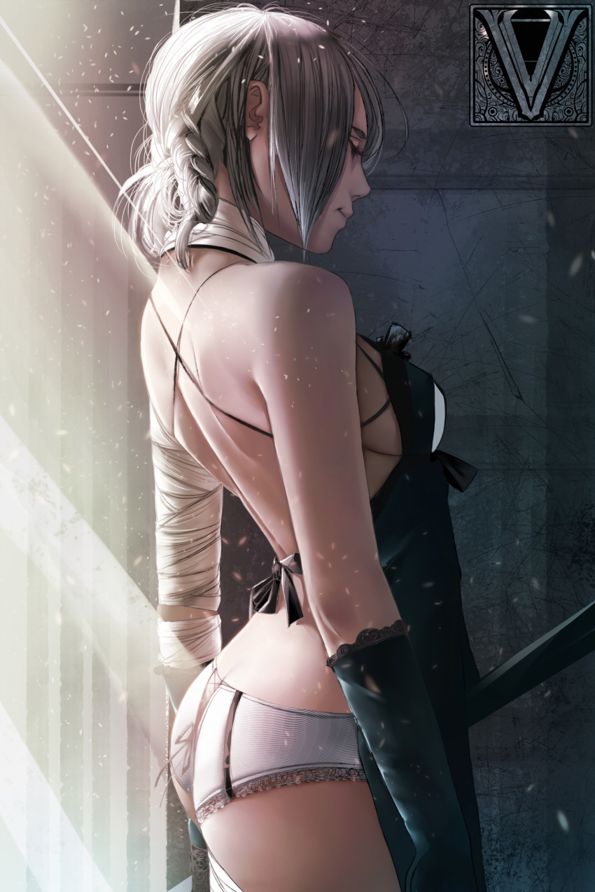 1girl absurdres ass bandaged_arm bandages bare_shoulders bow braid breasts closed_eyes duong_tich_vi elbow_gloves gloves highres kaine_(nier) nier silver_hair solo standing