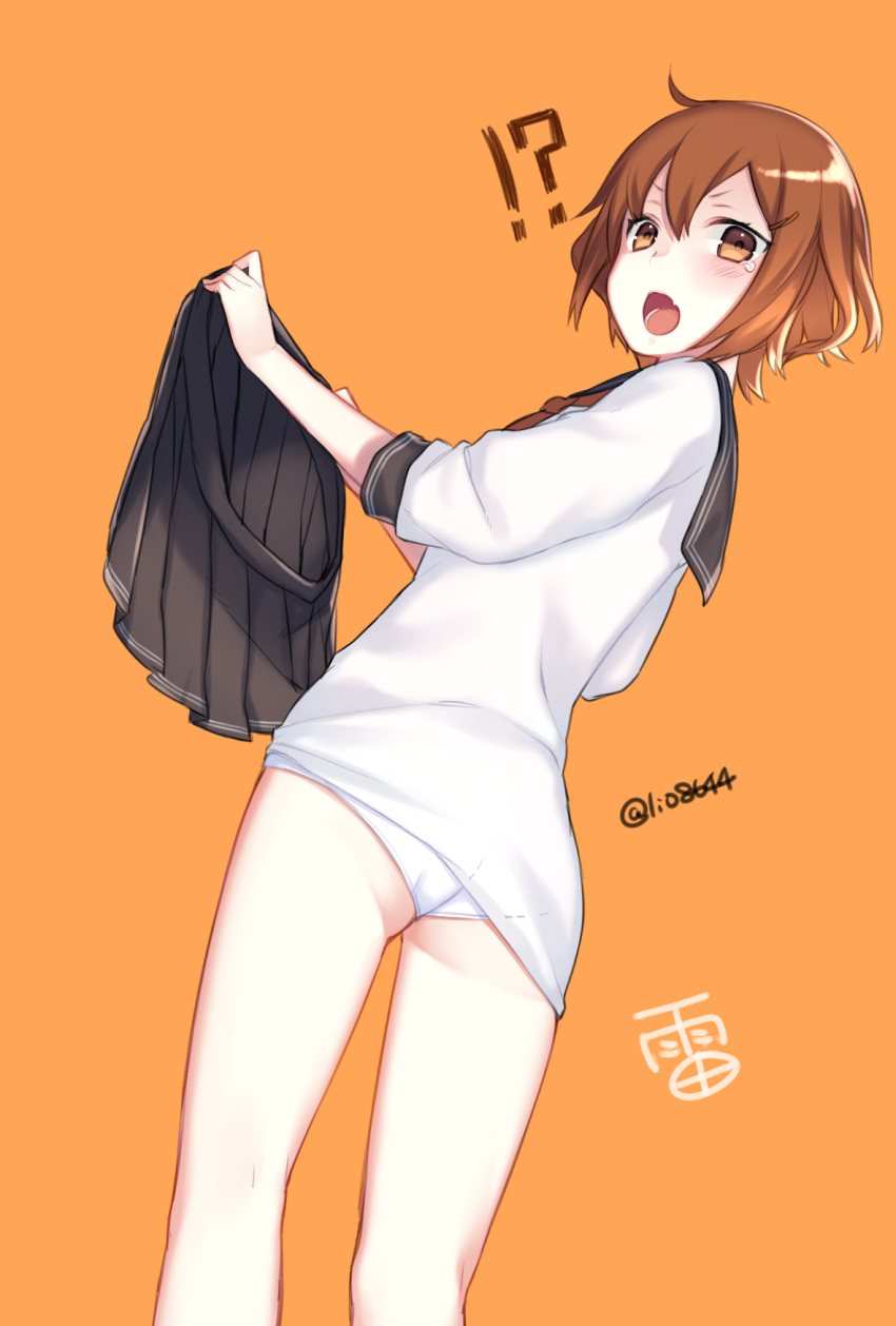 !? 1girl brown_hair character_name cowboy_shot hair_ornament hairclip highres ikazuchi_(kantai_collection) kantai_collection lio_(rumei2265874644) looking_at_viewer open_mouth orange_background panties sailor_dress school_uniform serafuku short_hair simple_background skirt skirt_removed solo twitter_username underwear white_panties
