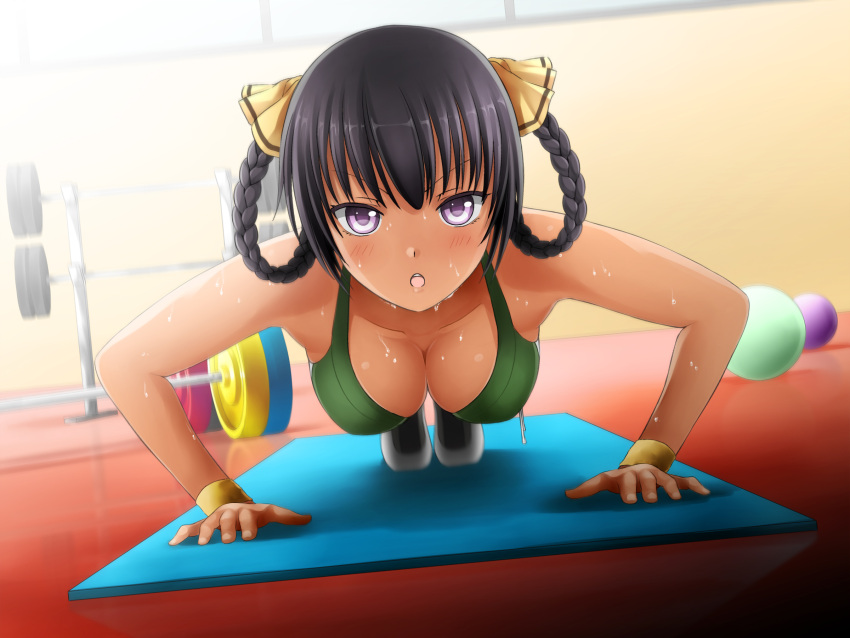 1girl ball black_hair blush braid breasts cleavage dark_skin downblouse dutch_angle exercise game_cg gym hair_ribbon hair_rings highres hunie_pop kyanna_delrio large_breasts looking_at_viewer ninamo open_mouth push-ups ribbon solo sports_bra sweat sweatband twin_braids violet_eyes weights yoga_mat