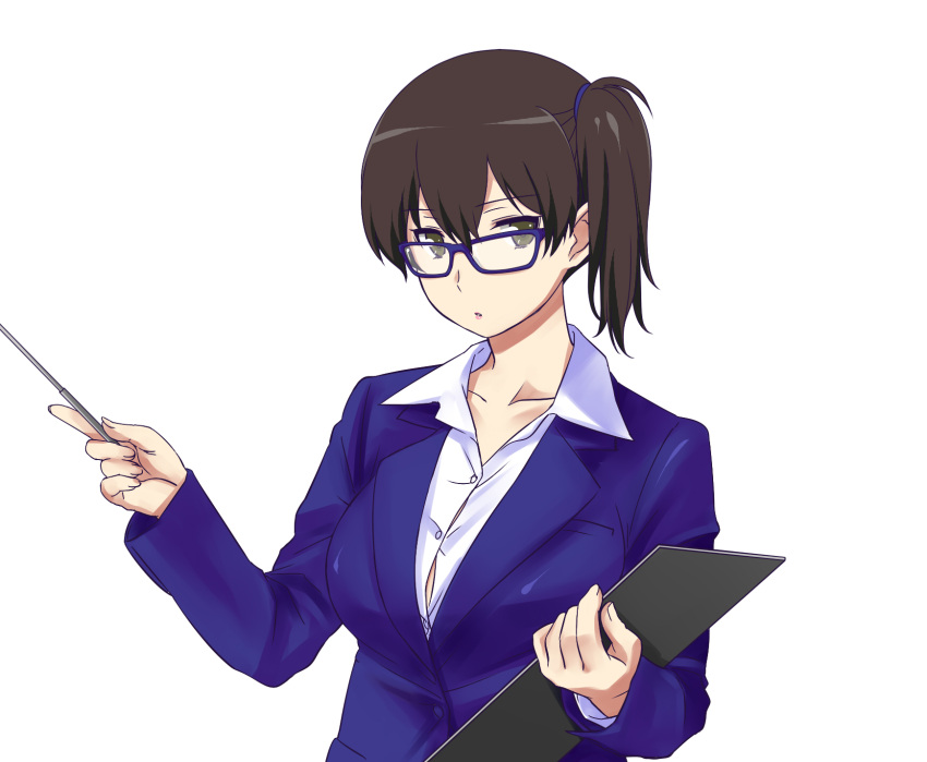 1girl alternate_costume bespectacled black_eyes blue-framed_glasses breasts brown_hair formal glasses highres kaga_(kantai_collection) kantai_collection large_breasts looking_at_viewer office_lady pointer short_hair shoumaru_(gadget_box) side_ponytail simple_background solo upper_body white_background