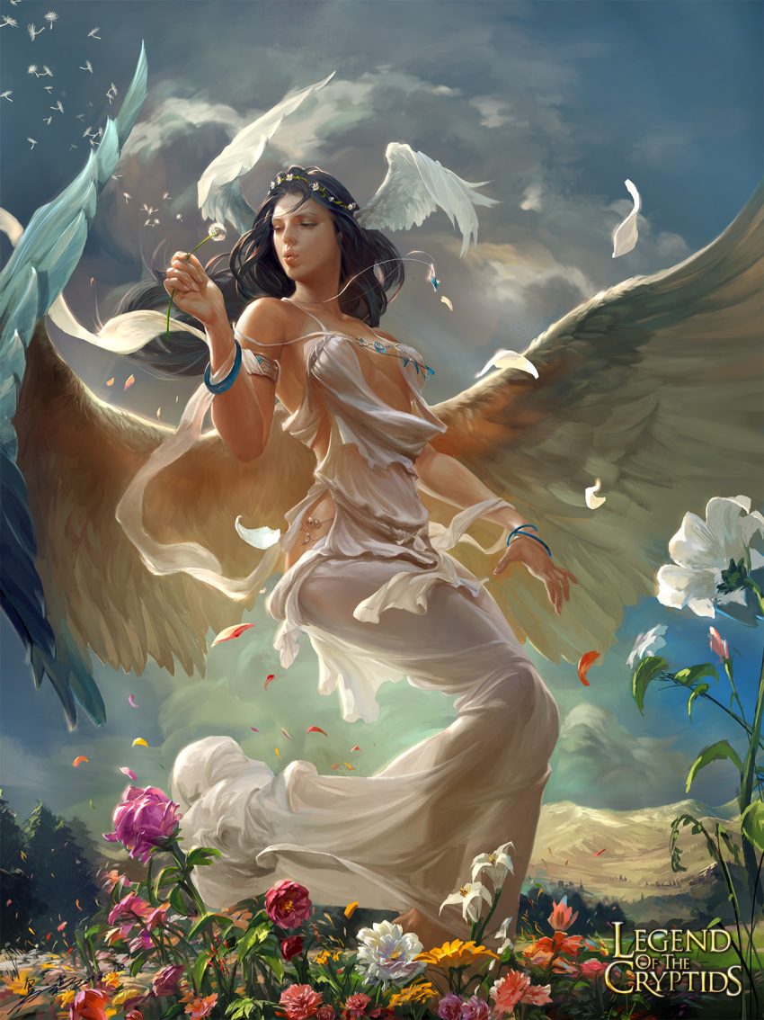 1girl armlet bare_shoulders barefoot black_hair blowing bracelet breasts clouds copyright_name crowgod dandelion dress feathered_wings flower head_wings head_wreath highres hips jewelry legend_of_the_cryptids long_hair mountain necklace petals solo white_dress wings