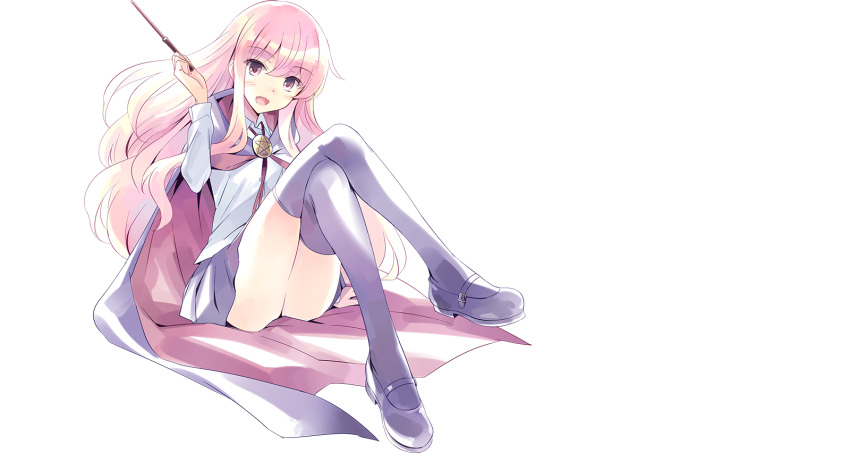 1girl blush cape crossed_legs dress_shirt fang highres long_hair looking_at_viewer louise_francoise_le_blanc_de_la_valliere mary_janes official_art pentacle pentagram pink_eyes pink_hair shirt shoes simple_background sitting skirt solo thigh-highs transparent_background wand zero_no_tsukaima