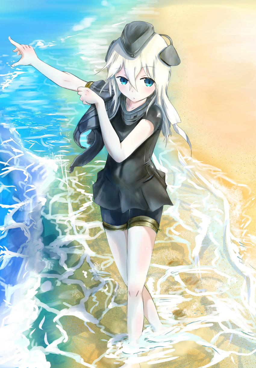 1girl :o absurdres barefoot beach blue_eyes collarbone commentary covered_navel cropped_jacket dressing from_above garrison_cap hat highres kantai_collection long_hair outstretched_arm partially_submerged shinden solo swimsuit u-511_(kantai_collection) walking water white_hair