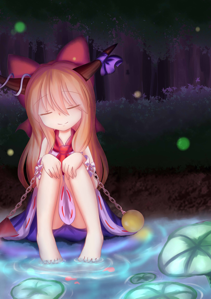 1girl absurdres barefoot bow bush chain closed_eyes dior-zi fireflies forest hair_bow hands_on_knees head_tilt highres horn_ribbon horns ibuki_suika lily_pad long_hair nature orange_hair pyramid_(geometry) ribbon sitting skirt smile soaking_feet solo sphere touhou water wrist_cuffs