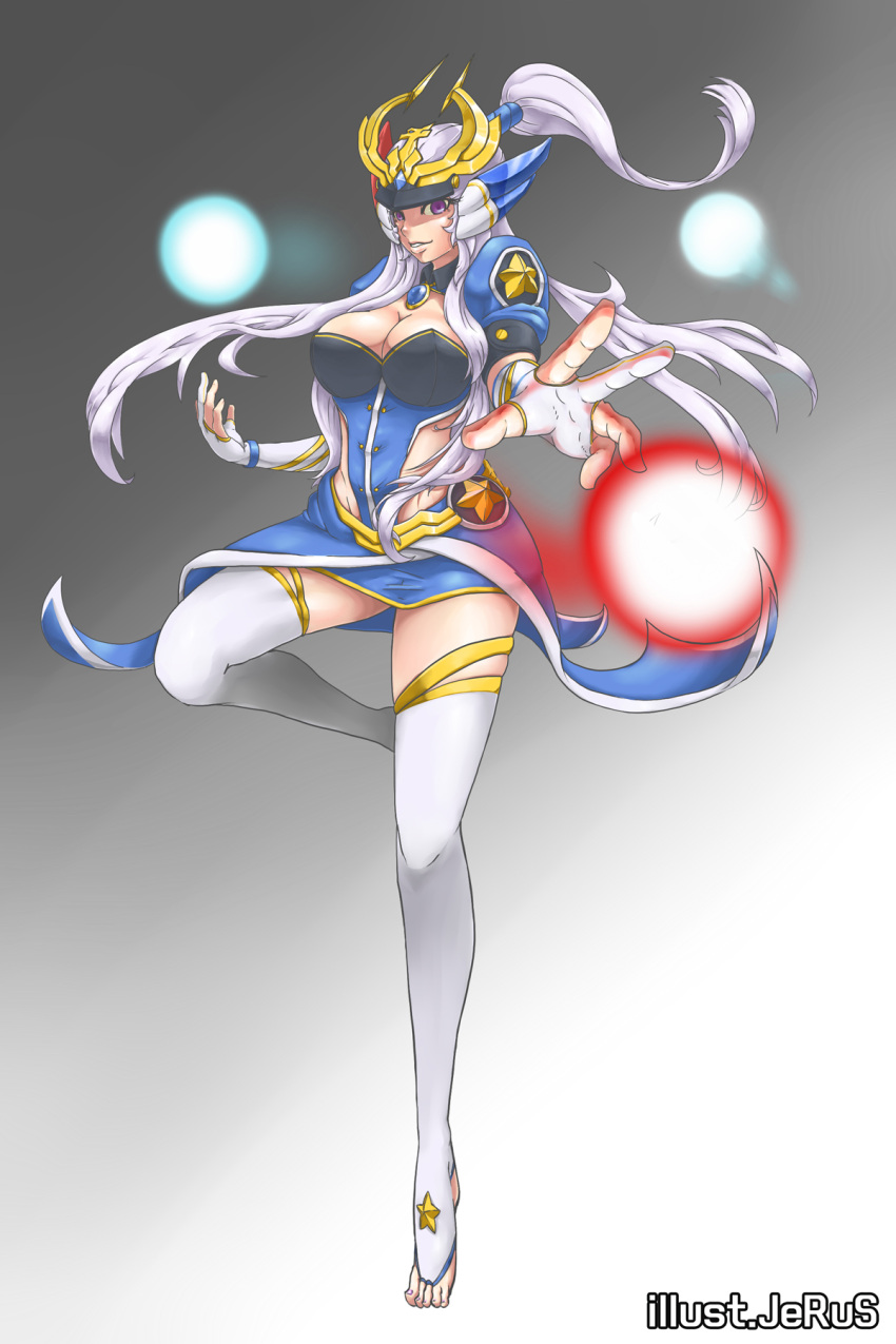 1girl alternate_costume breasts cleavage elbow_gloves fingerless_gloves gloves highres large_breasts league_of_legends long_hair silver_hair smile solo syndra thigh-highs toes trombe violet_eyes white_gloves white_legwear