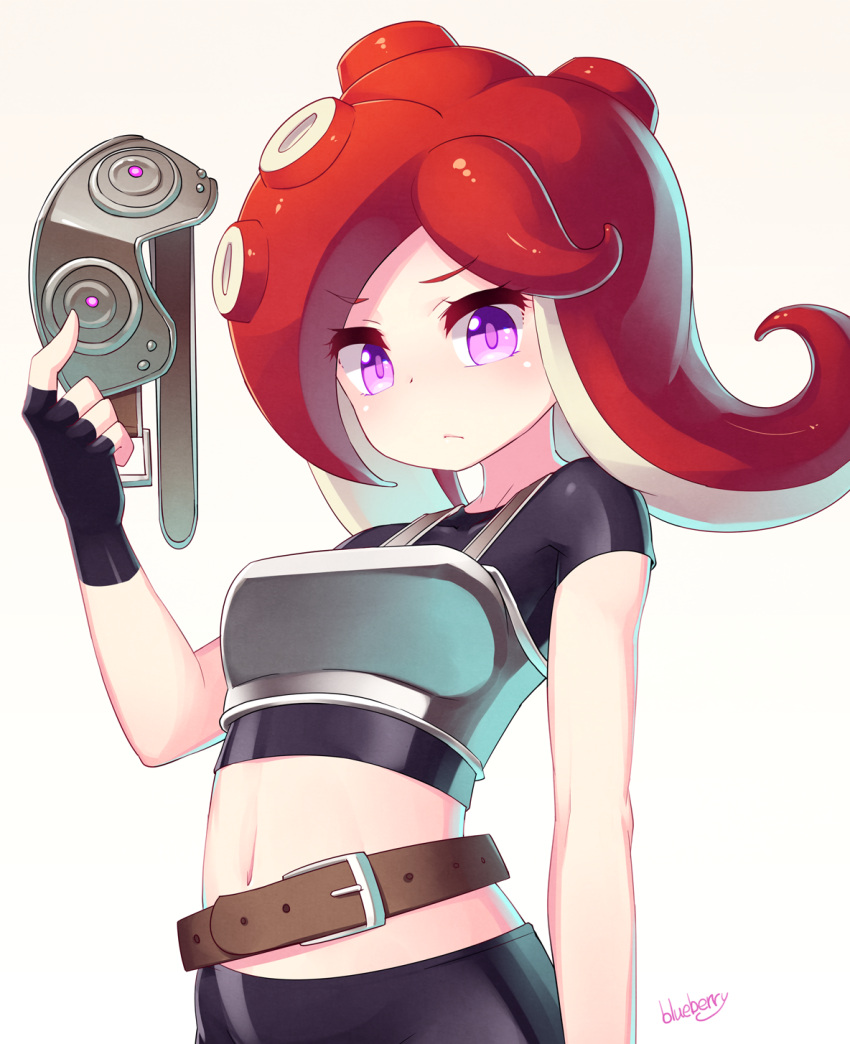 1girl artist_name belt bike_shorts black_gloves blueberry_(5959) blush breastplate fingerless_gloves gloves goggles goggles_removed highres holding long_hair looking_at_viewer navel octoling redhead simple_background solo splatoon takozonesu tentacle_hair violet_eyes white_background